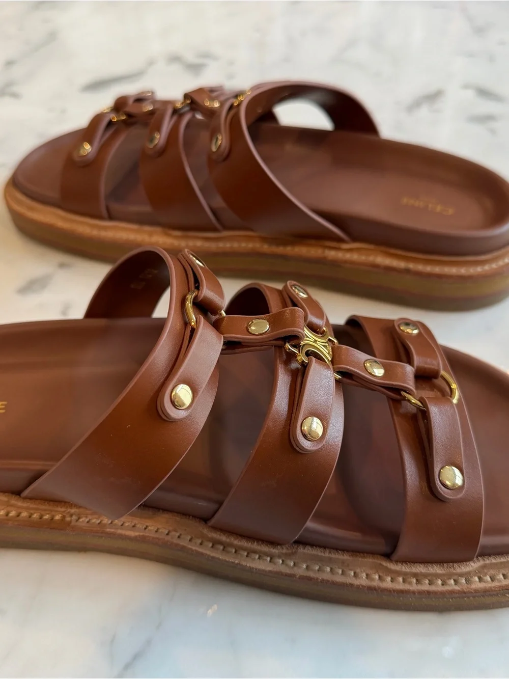 Celine Brown Leather Triple-Strap Slide Sandals size 39/8